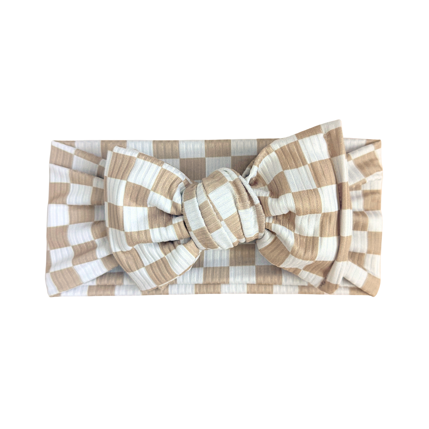 Neutral Small Check Ribbed Baby Headband (Taupe + White)