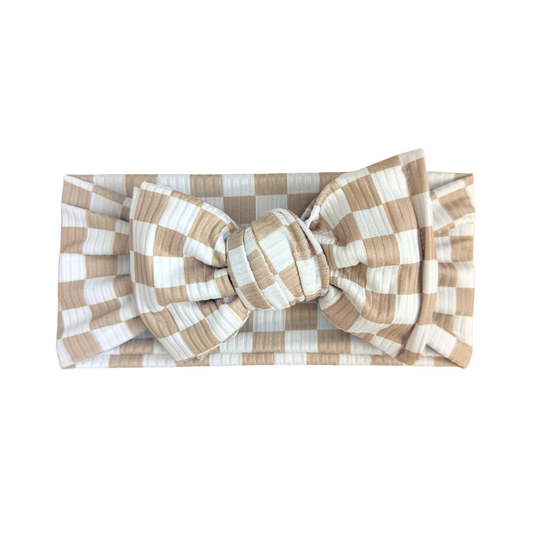 Neutral Small Check Ribbed Baby Headband (Taupe + White)