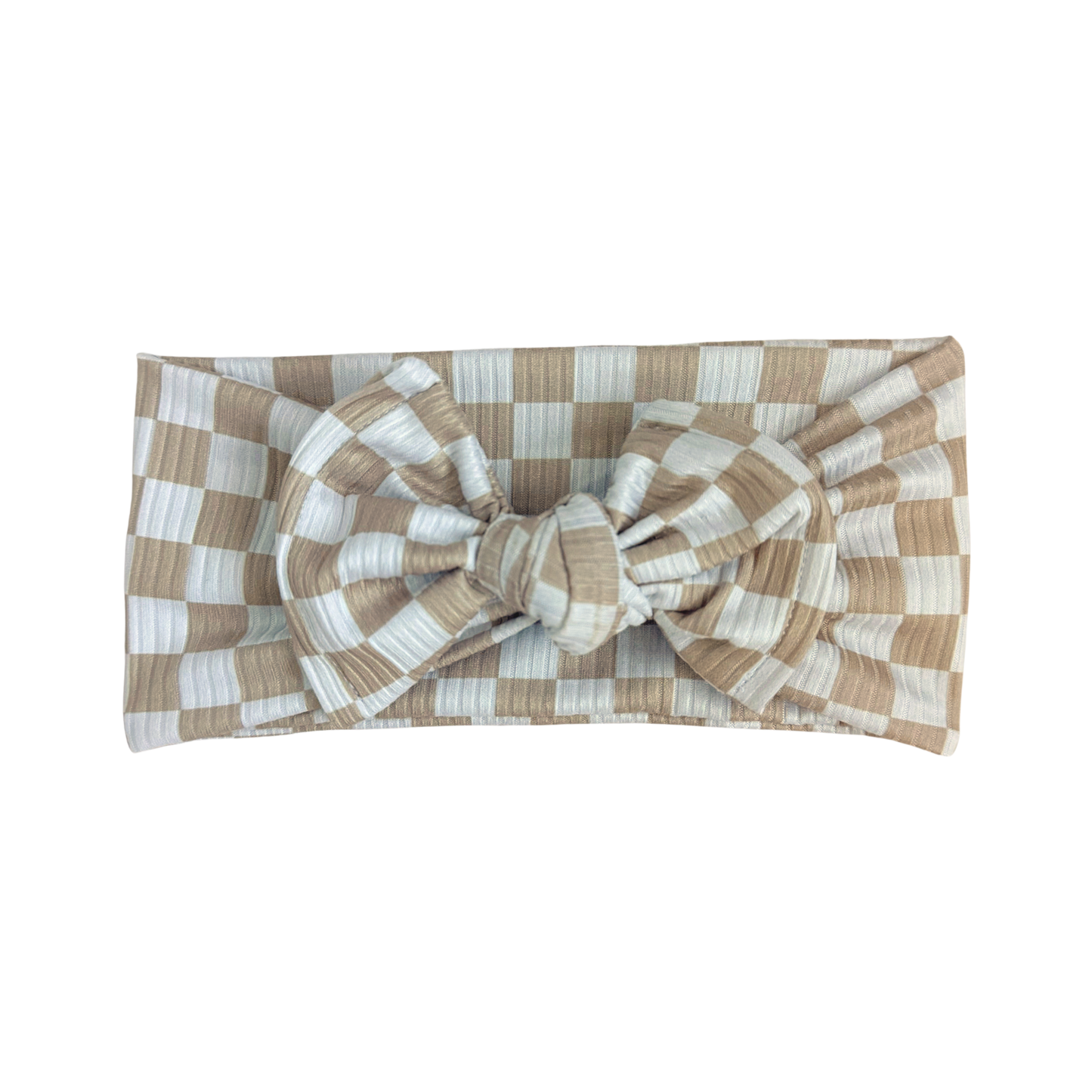 Neutral Small Check Ribbed Baby Headband (Taupe + White)