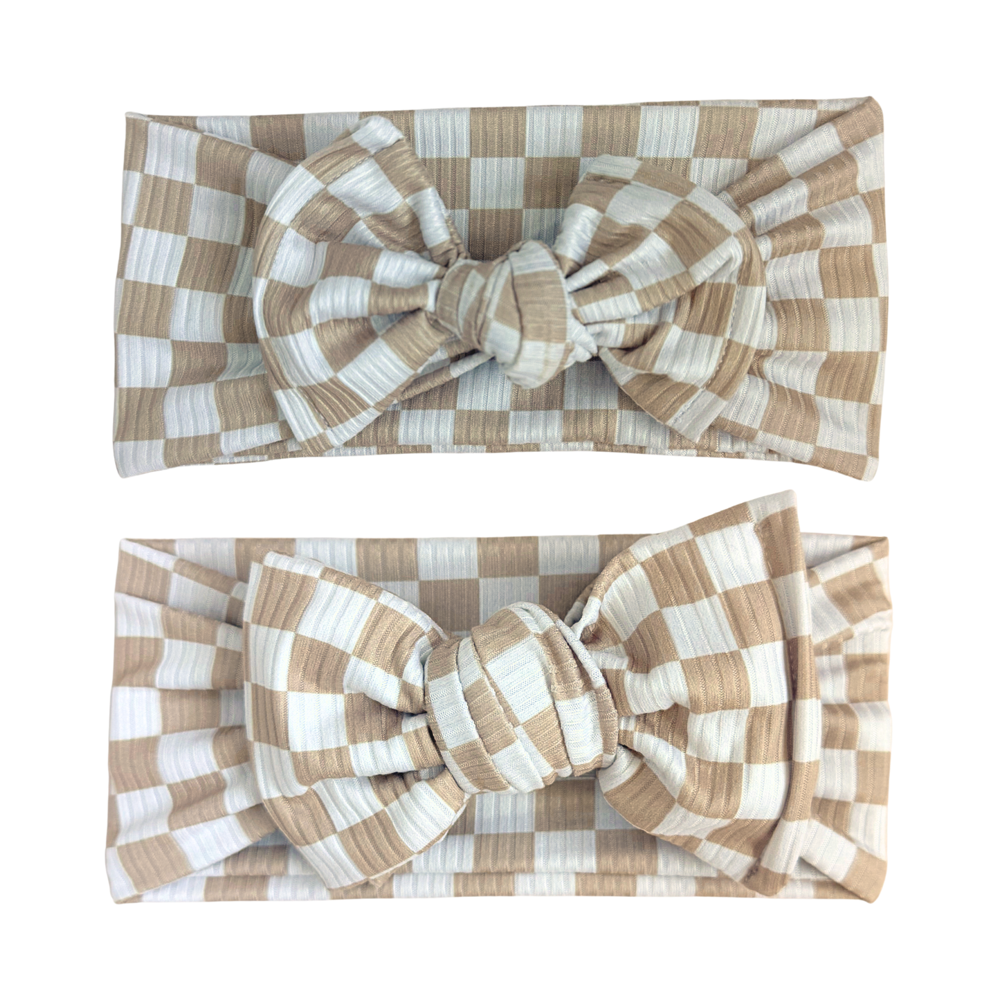 Neutral Small Check Ribbed Baby Headband (Taupe + White)