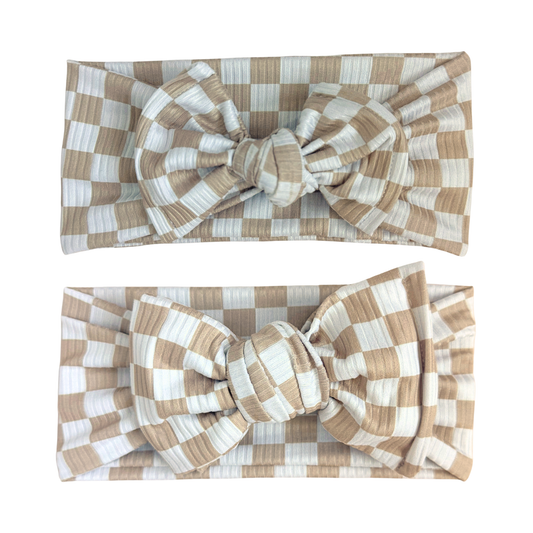 Neutral Small Check Ribbed Baby Headband (Taupe + White)