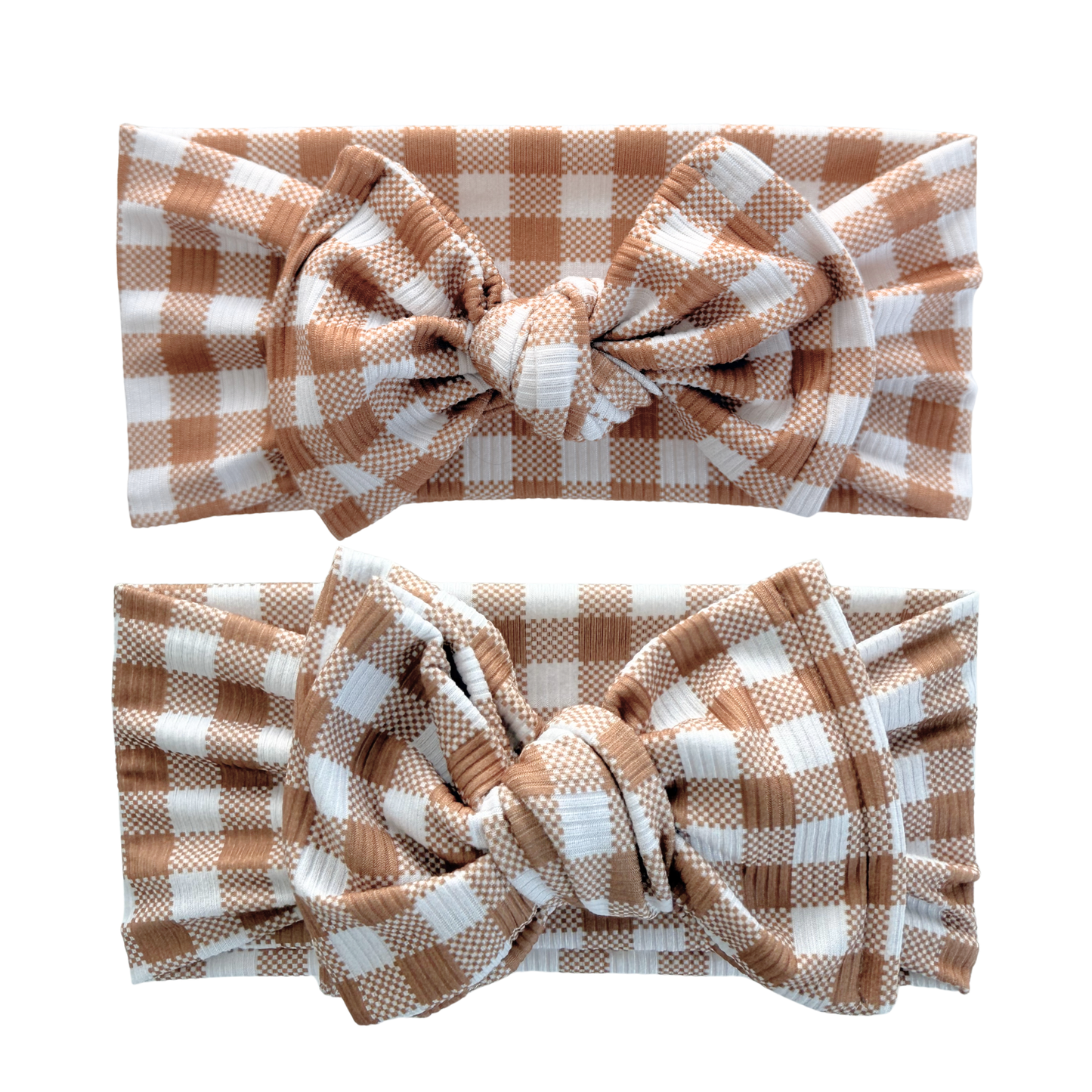 Two brown and white checkered headbands with knot designs on a white background. Top is a top knot, bottom is an oversized bow.