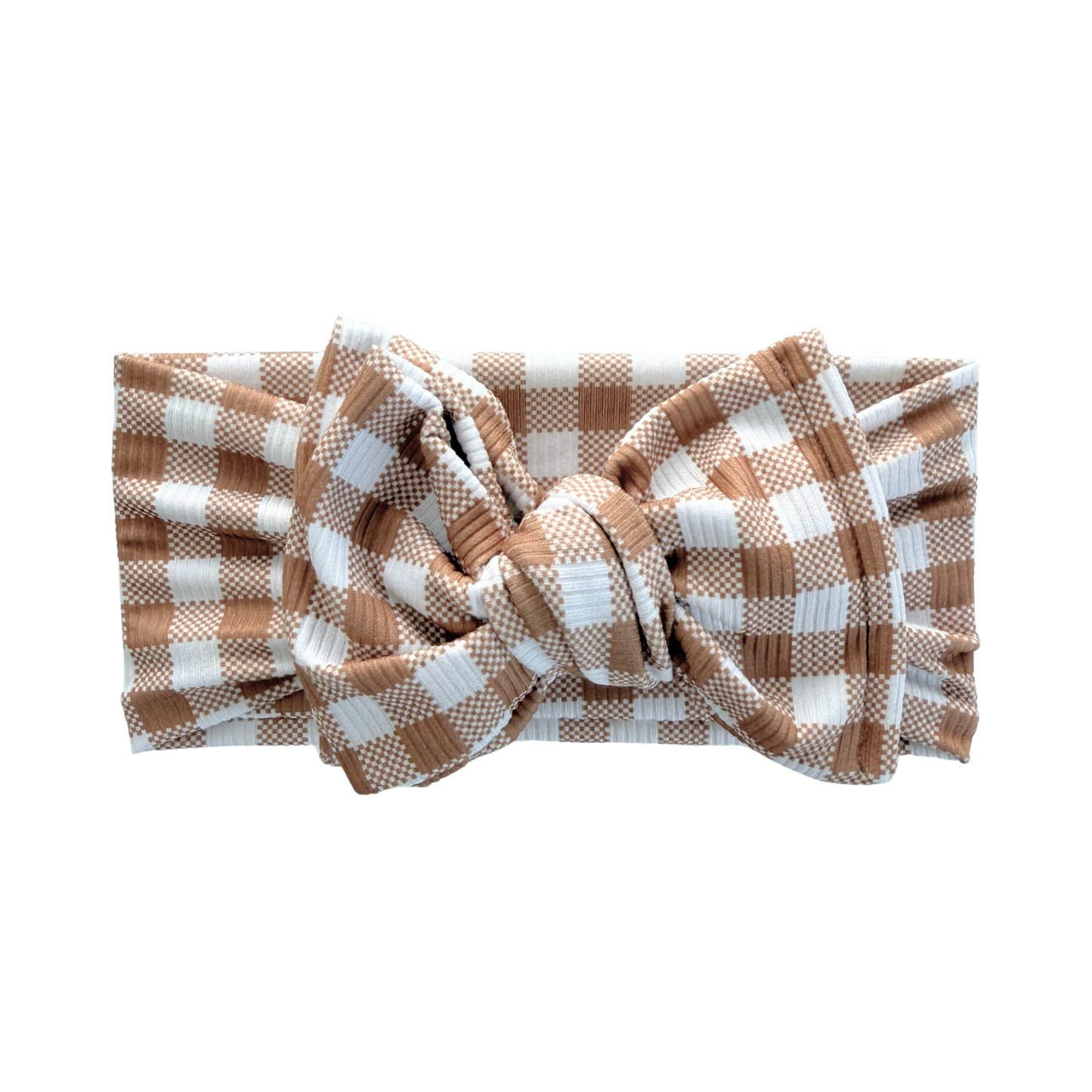 Ribbed white and brown gingham print oversized bow headband.