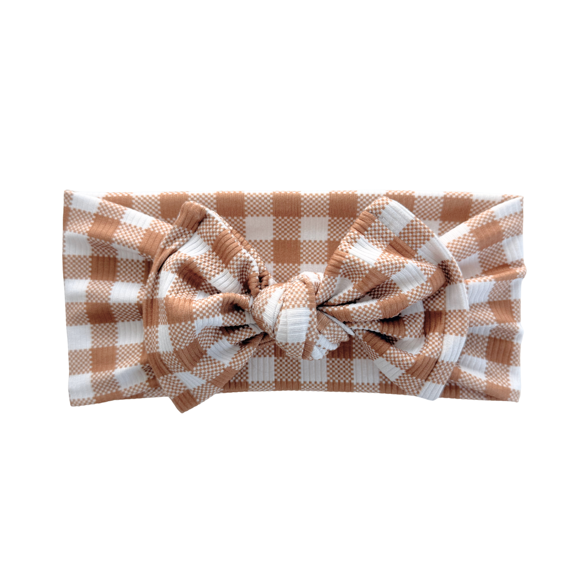 Ribbed brown gingham print top knot bow headband.