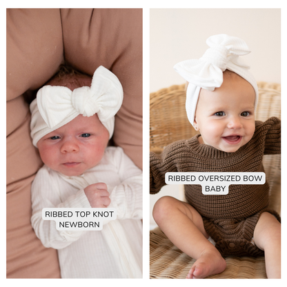 Two images of babies wearing ribbed headbands and outfits on a neutral background, captions show the difference between a top knot and oversized bow.