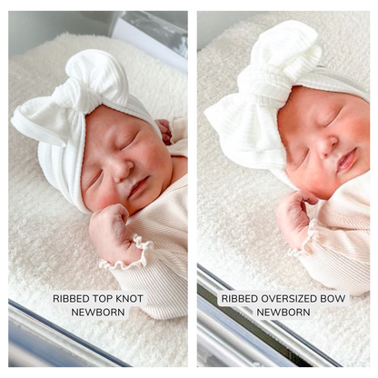 Two images of a newborn baby wearing ribbed headbands with text labels comparing top knot and oversized bow styles.