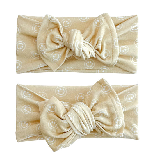 Tan Smiley Face Print Cotton Jersey Baby Headband