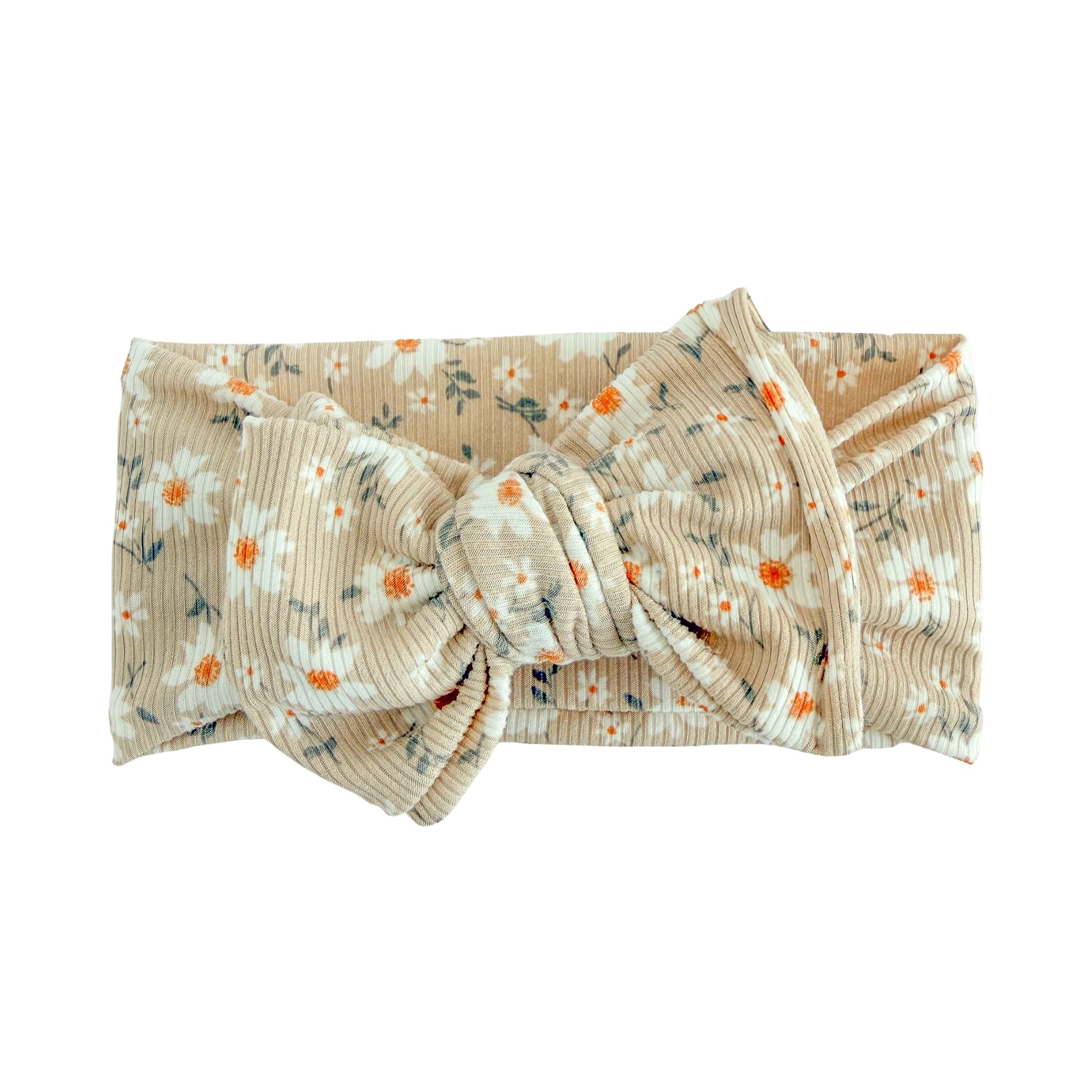 Oversized bow baby headband in taupe daisy floral print, crafted from ribbed knit fabric, displayed on a white background