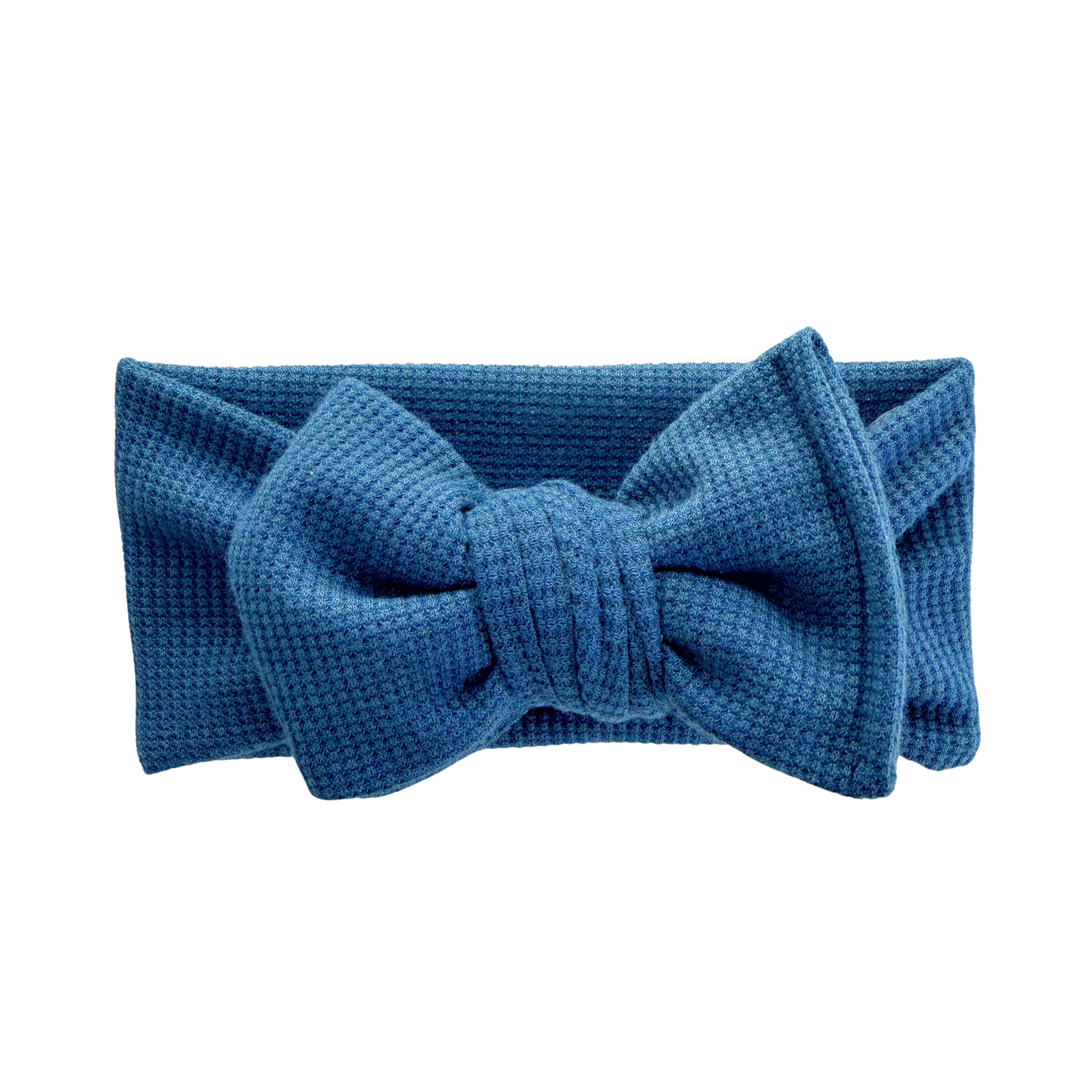Blue waffle oversized bow headband on a white background