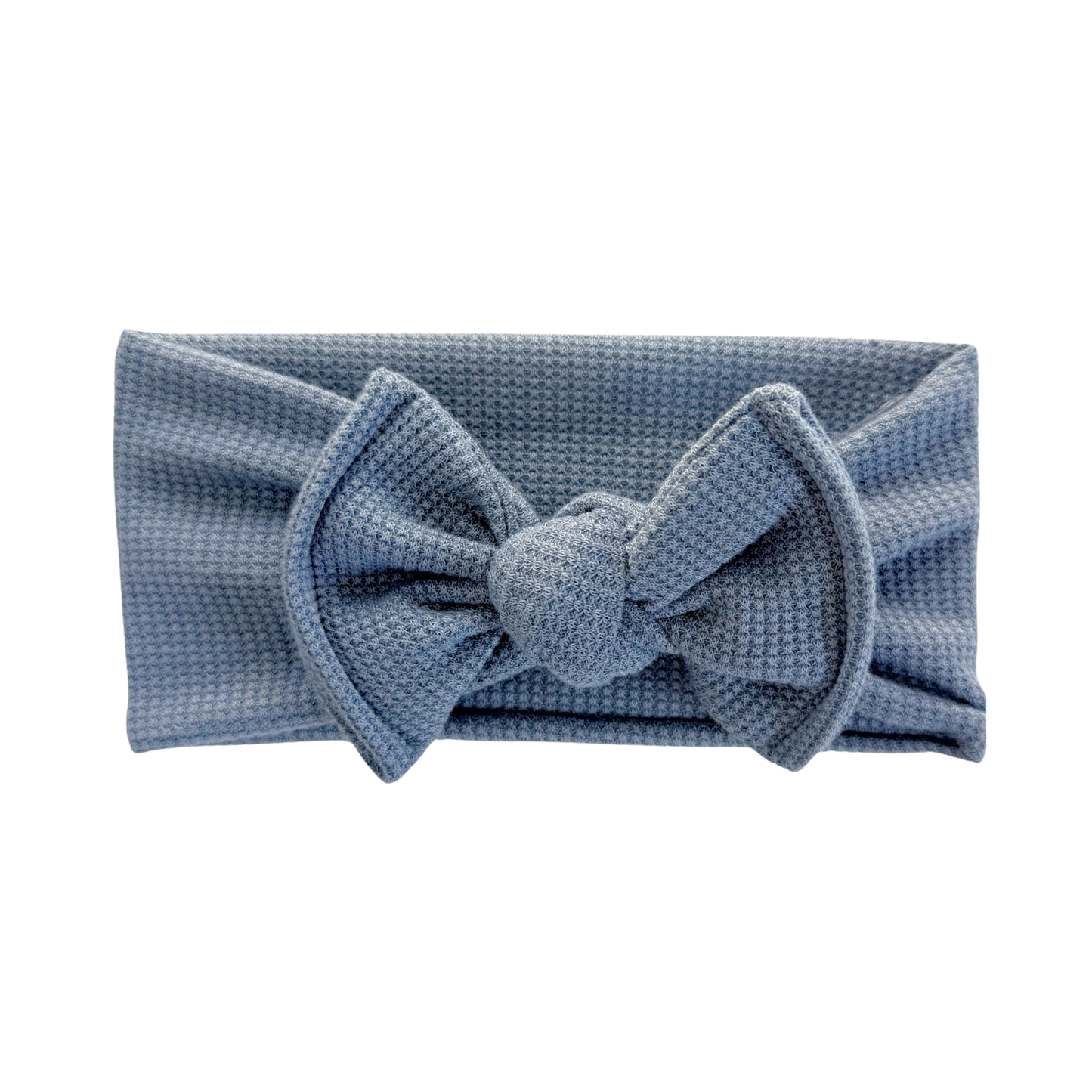 Dusty blue waffle top knot bow headband on a white background