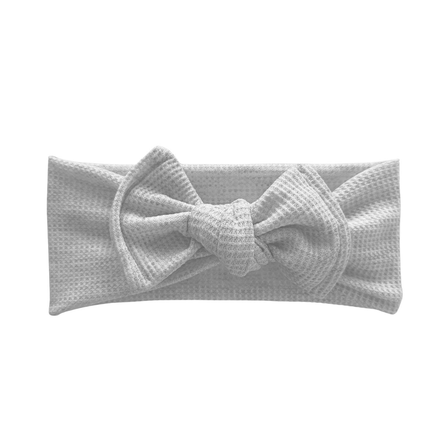Light gray waffle top knot bow headband with a bow on a white background