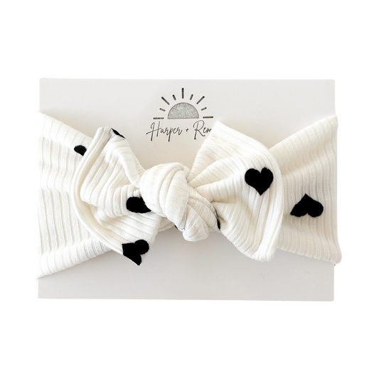 White & Black Hearts | Ribbed Top Knot